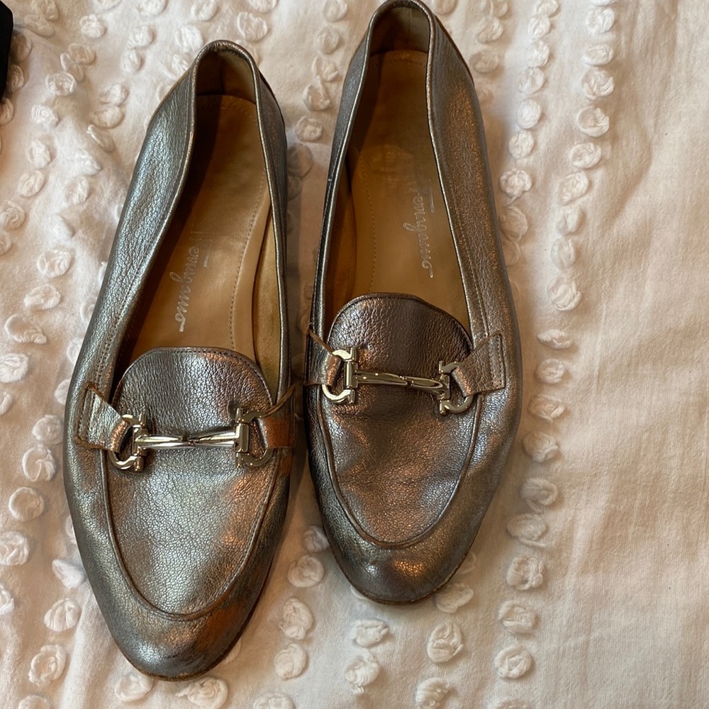 Salvatore Ferragamo Womens loafers size 8.5 silver color with silver hardware